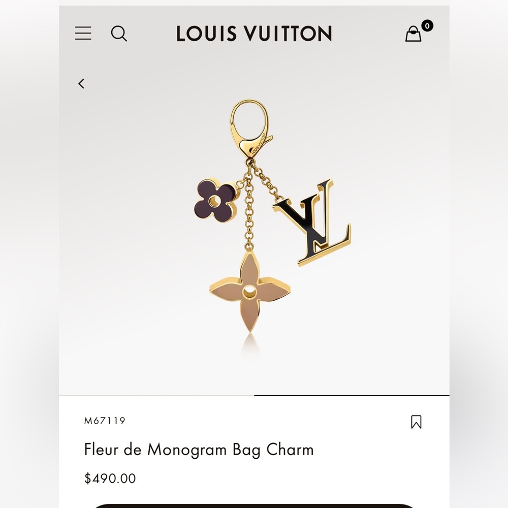Louis Vuitton Fleur de Monogram bag charm in gold tan black w/ dust bag and box